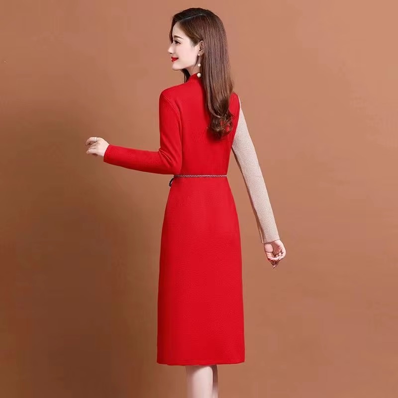 Casual Comfort Soft Wool Knit Belt Slim Classy Midi Dress - Image 5