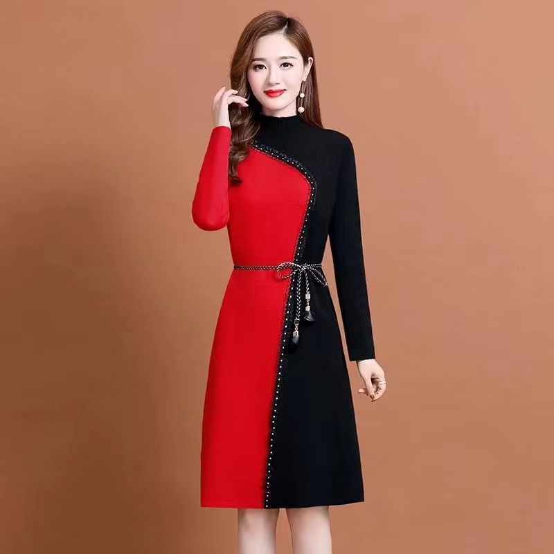 Casual Comfort Soft Wool Knit Belt Slim Classy Midi Dress - Image 2