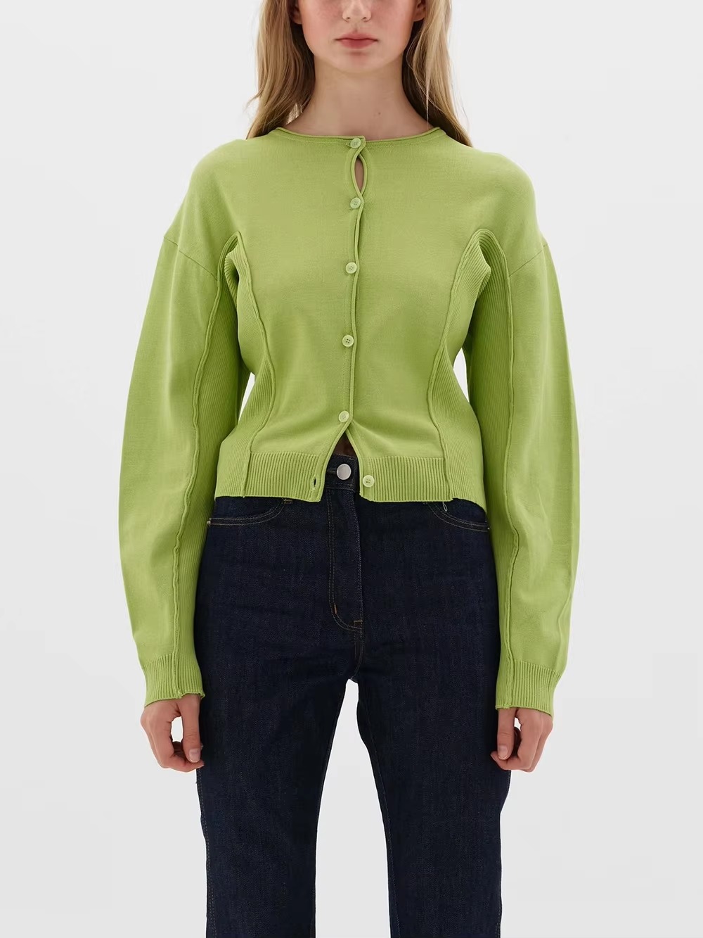 Casual Crew-Neck Single Breasted Long Sleeve Wool Knit Short Sweater - Image 4