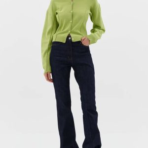 Casual Crew-Neck Single Breasted Long Sleeve Wool Knit Short Sweater