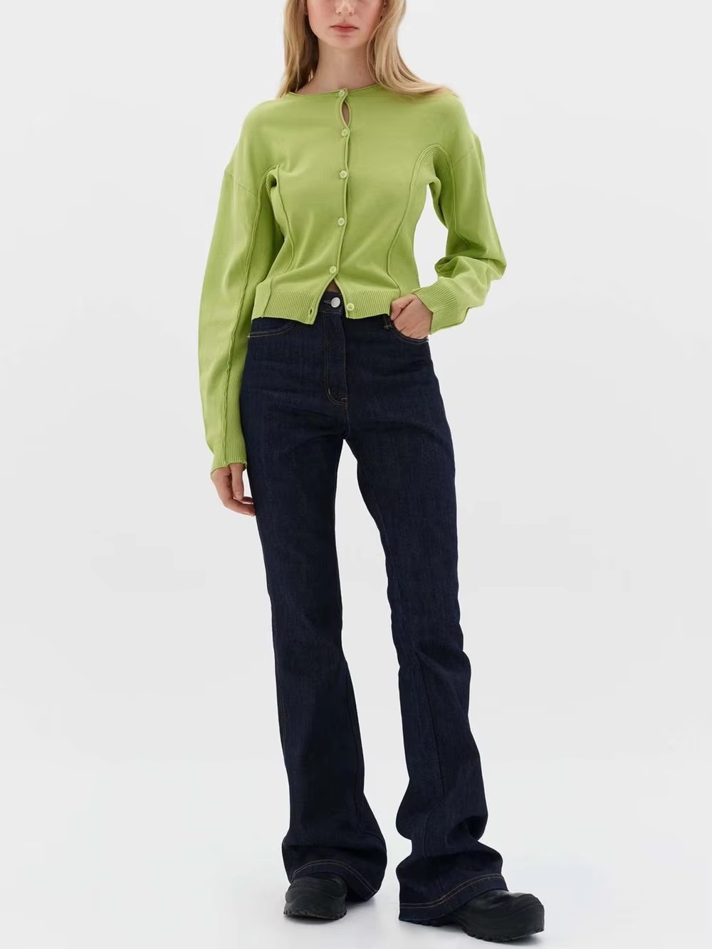 Casual Crew-Neck Single Breasted Long Sleeve Wool Knit Short Sweater