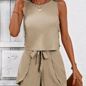 Casual Crew Neck sleeveless Lace-up Vest Daily Tops Short Pants 2 Piece Sets