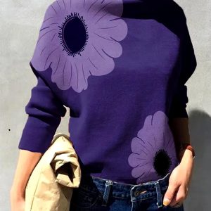 Casual Flower Printed Long Sleeves High Neck Loose Tops T-Shirt