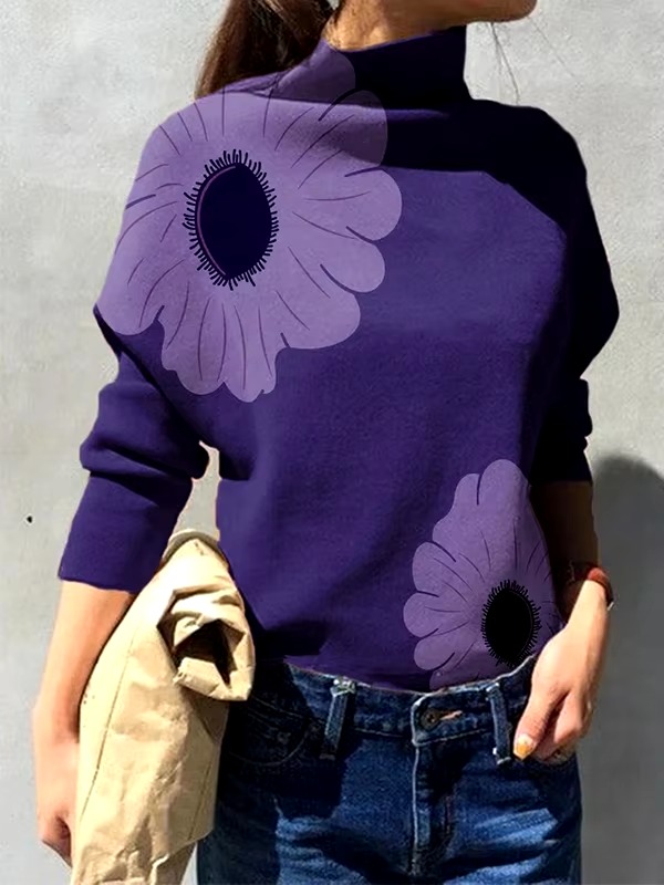 Casual Flower Printed Long Sleeves High Neck Loose Tops T-Shirt