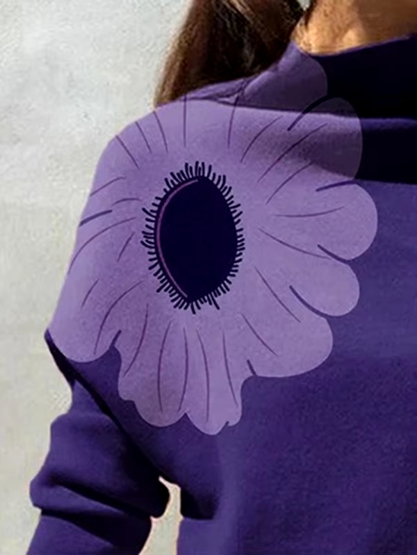 Casual Flower Printed Long Sleeves High Neck Loose Tops T-Shirt - Image 3