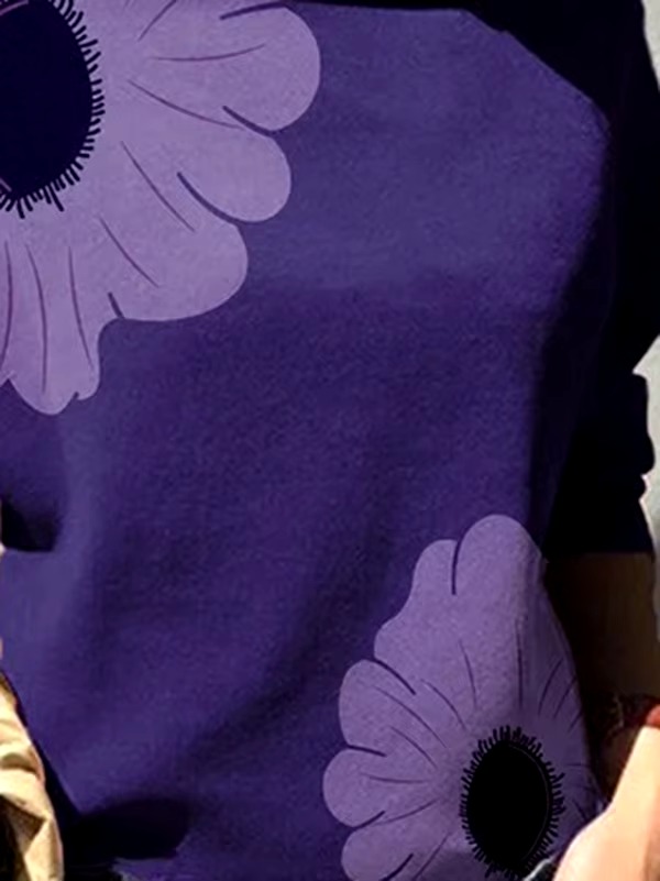 Casual Flower Printed Long Sleeves High Neck Loose Tops T-Shirt - Image 2