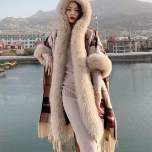 Casual Fur V-Neck Thick Warm Poncho Cape Loose Fit Mid-length Coats