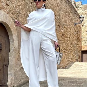 Casual Solid High-Neck Loose Tops & Wide Leg Streetwear high Waist Two Pieces Pants Suits