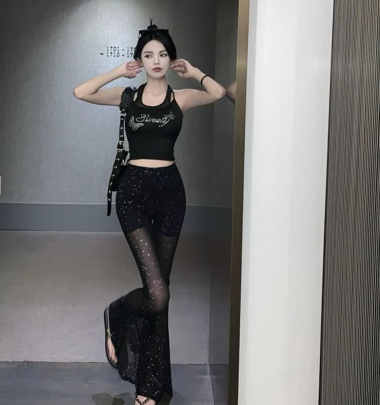 Casual High Waist Design Quick Drying Tight Flare Shiny Pants