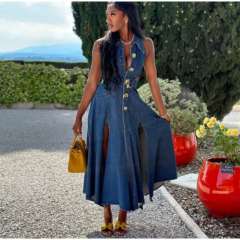 Casual Hollow Out Turndown Collar Side Split Long Dress - Image 2