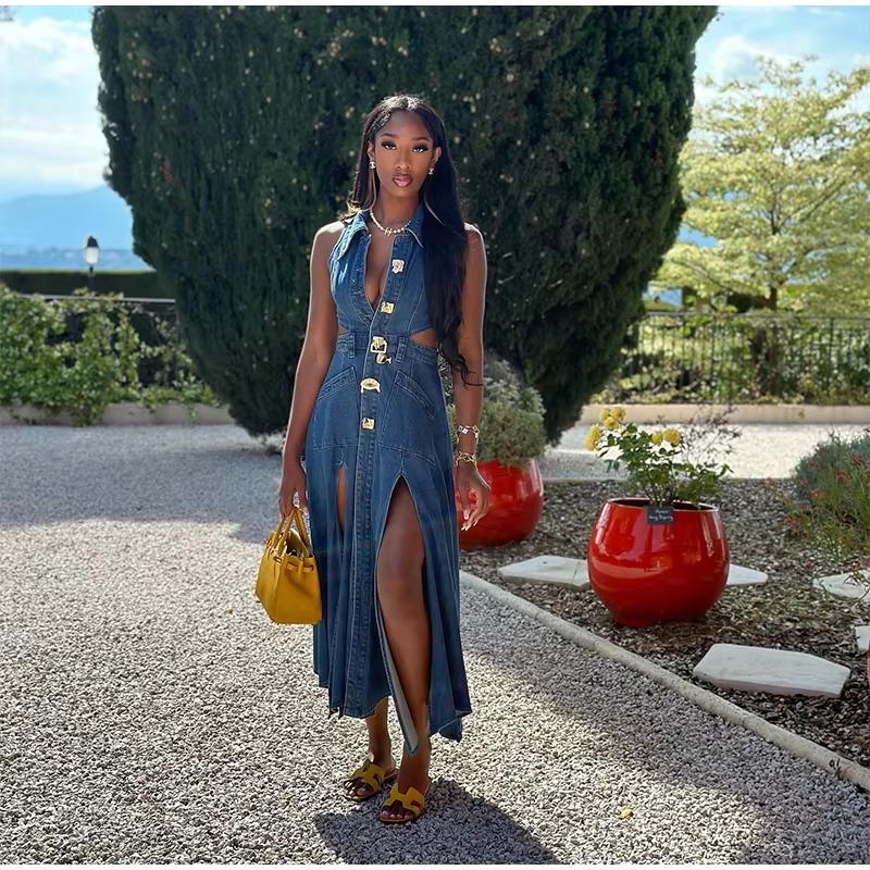 Casual Hollow Out Turndown Collar Side Split Long Dress - Image 3