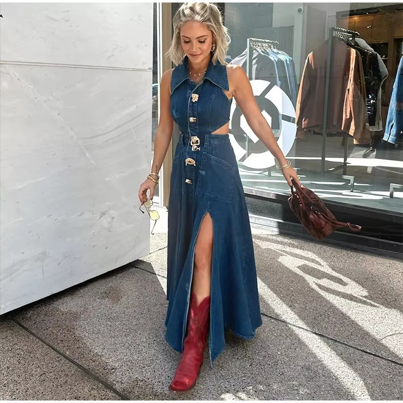 Casual Hollow Out Turndown Collar Side Split Long Dress - Image 4