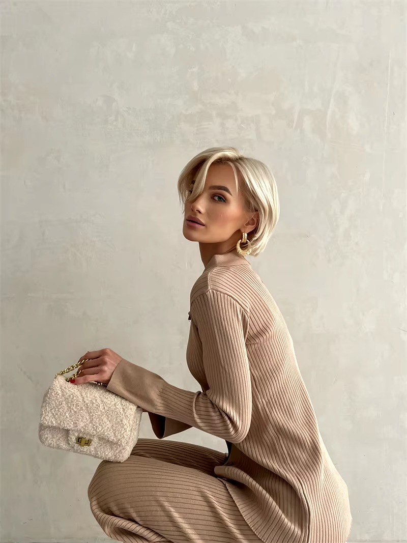 Casual Knitted Top And Elastic Waist Pants Two Piece Sets - Image 13