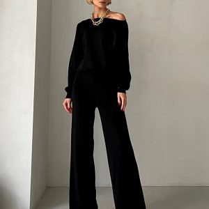 Casual Knitted Top And Elastic Waist Pants Two Piece Sets