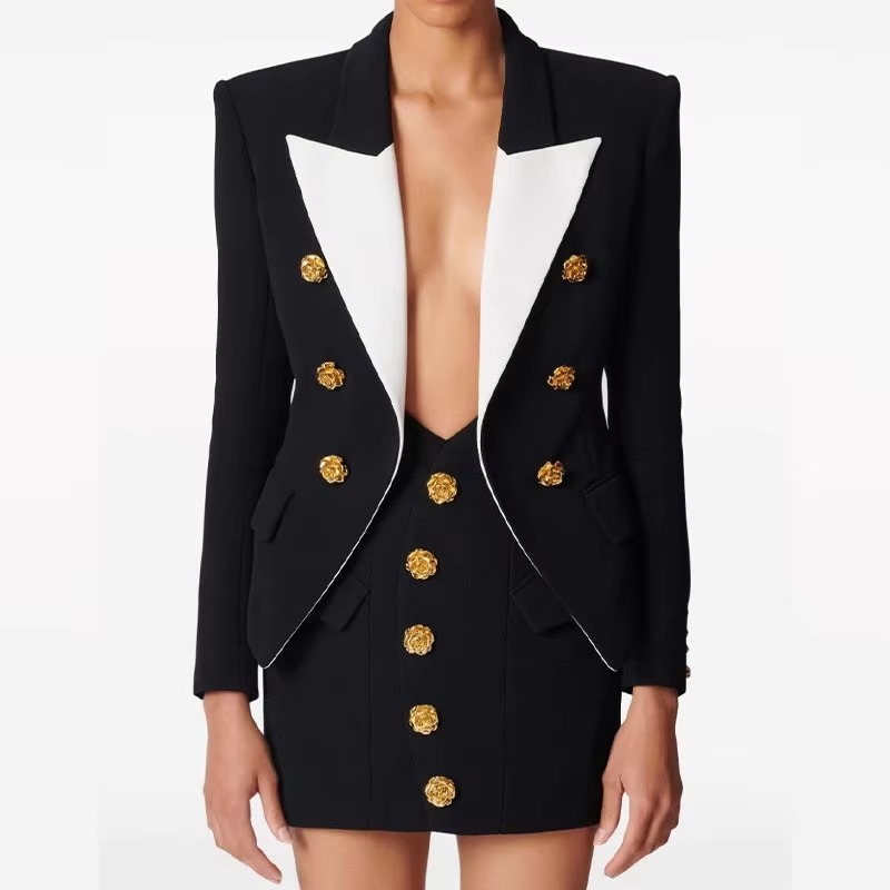 Casual Lapel Double-Breasted Contrast Color Metal Rose Button Slim Suit