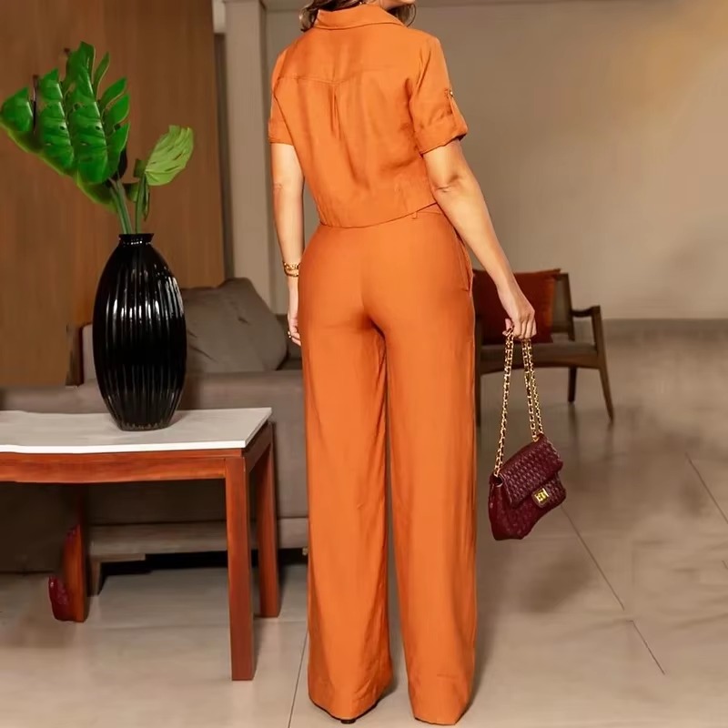 Casual Lapel Single Breasted Top With Belt Wide Legs Pants Two Piece Set - Image 5