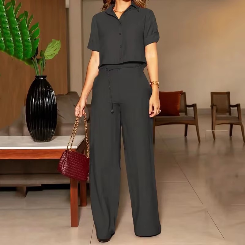 Casual Lapel Single Breasted Top With Belt Wide Legs Pants Two Piece Set - Image 2