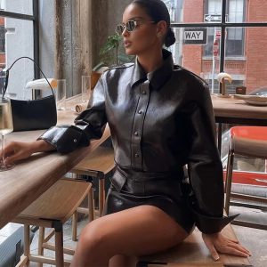 Casual Long Sleeve Button Hip Package Jacket And Mini Skirt 2 Piece Set