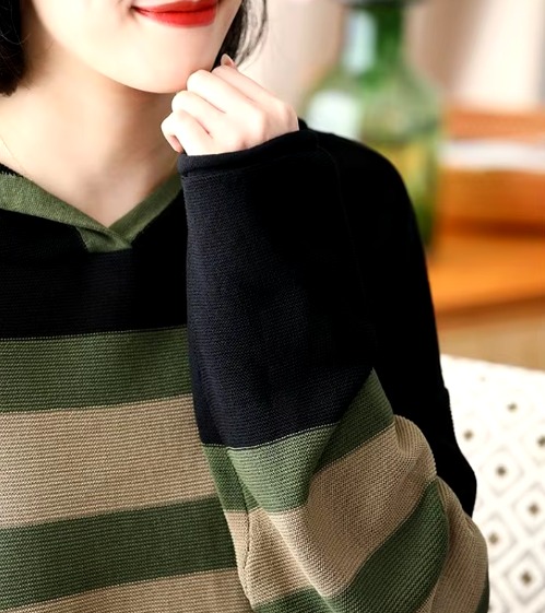 Casual Long Sleeve Loose Hooded Pullover Stripe Sweater Top - Image 3