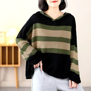 Casual Long Sleeve Loose Hooded Pullover Stripe Sweater Top