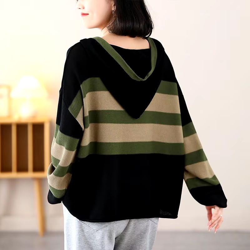 Casual Long Sleeve Loose Hooded Pullover Stripe Sweater Top - Image 2