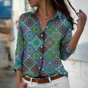 Casual Long Sleeve Single-Breasted Lapel Printed Shirt