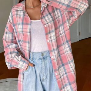 Casual Long Sleeve Slight Stretch Plaid Shirts Outerwear