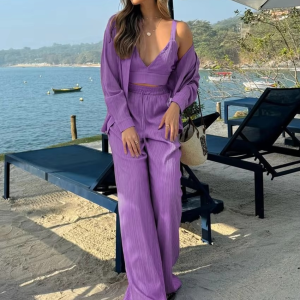 Casual Loose Shirt And Crop Top With High Waist Wide Pants 3 Piece Sets