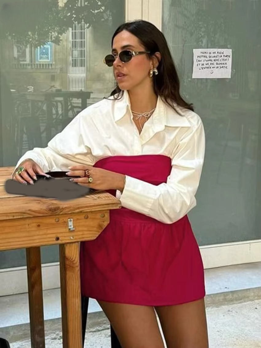 Casual Loose Shirt With Strap Mini Dress Cotton Two Pieces Set - Image 2