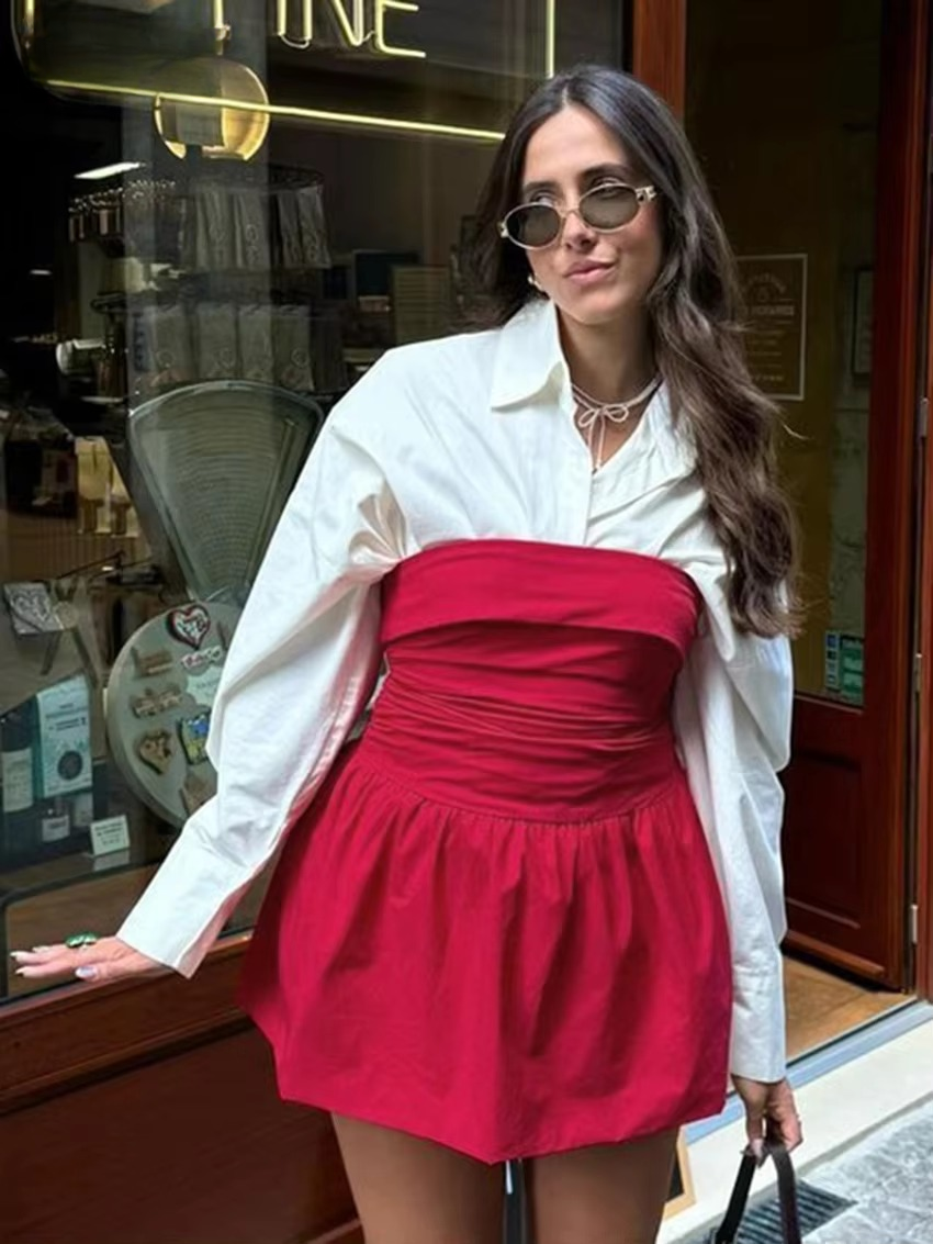 Casual Loose Shirt With Strap Mini Dress Cotton Two Pieces Set - Image 4