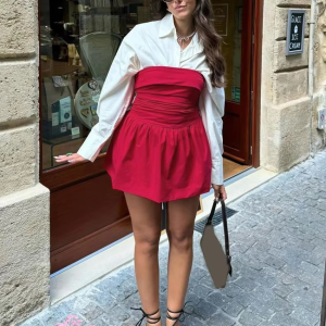 Casual Loose Shirt With Strap Mini Dress Cotton Two Pieces Set