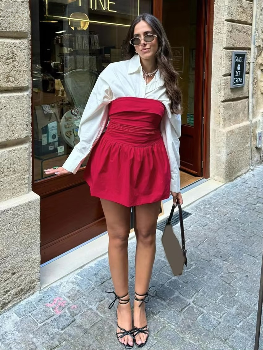 Casual Loose Shirt With Strap Mini Dress Cotton Two Pieces Set