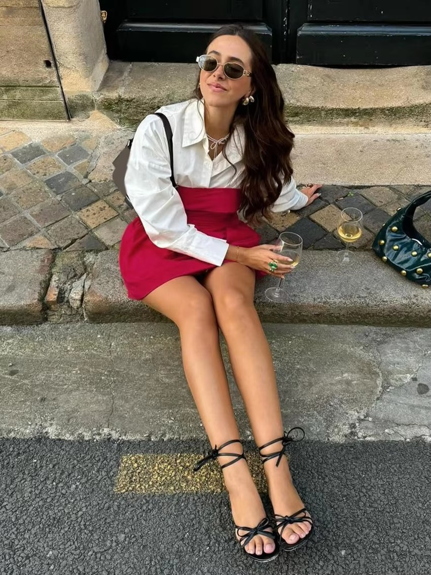 Casual Loose Shirt With Strap Mini Dress Cotton Two Pieces Set - Image 6