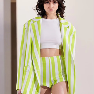 Casual Loose Stripe Print Shorts Long Sleeve Blazer 2 Pieces Set