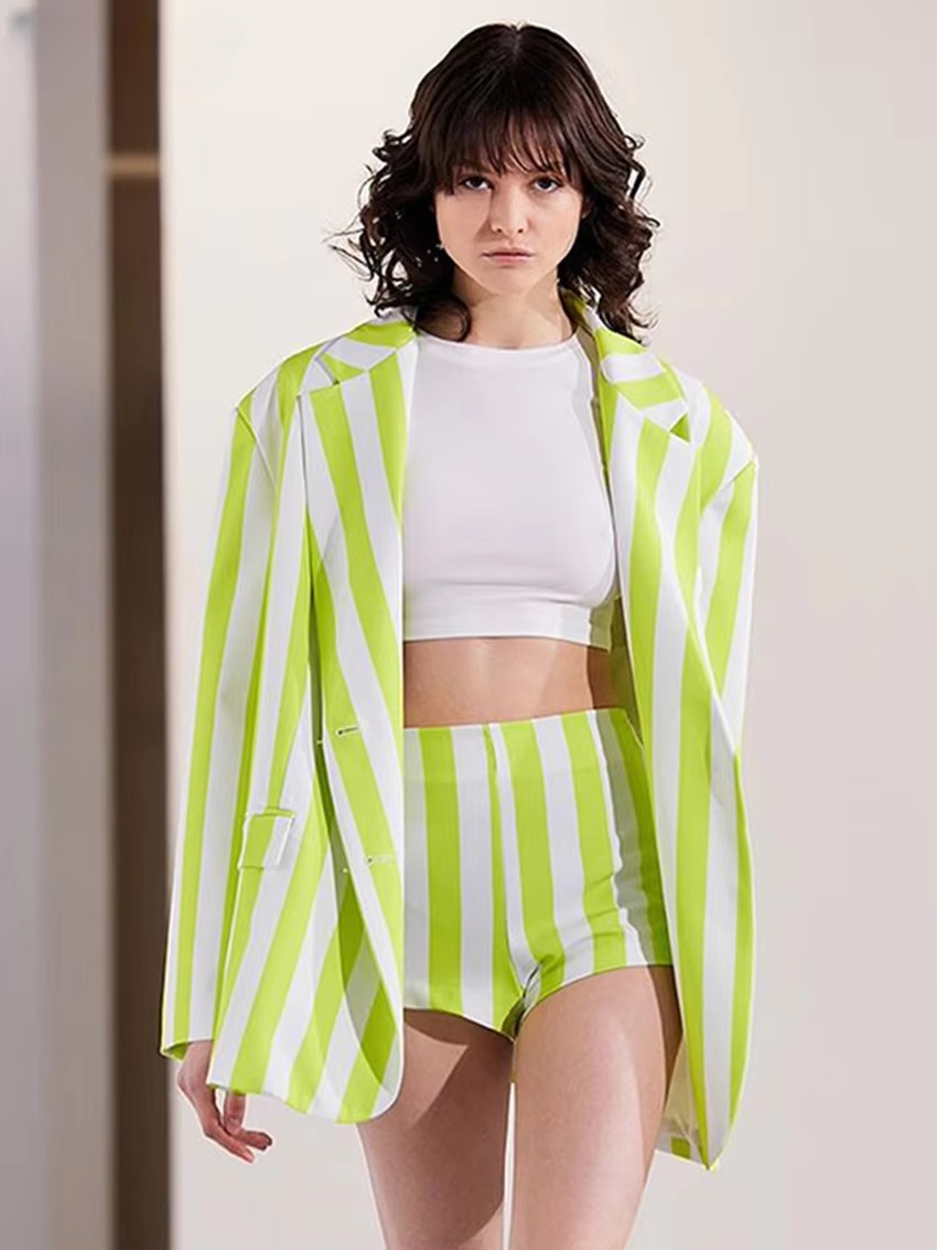 Casual Loose Stripe Print Shorts Long Sleeve Blazer 2 Pieces Set
