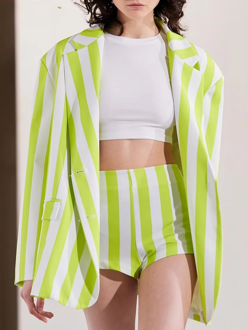 Casual Loose Stripe Print Shorts Long Sleeve Blazer 2 Pieces Set - Image 2