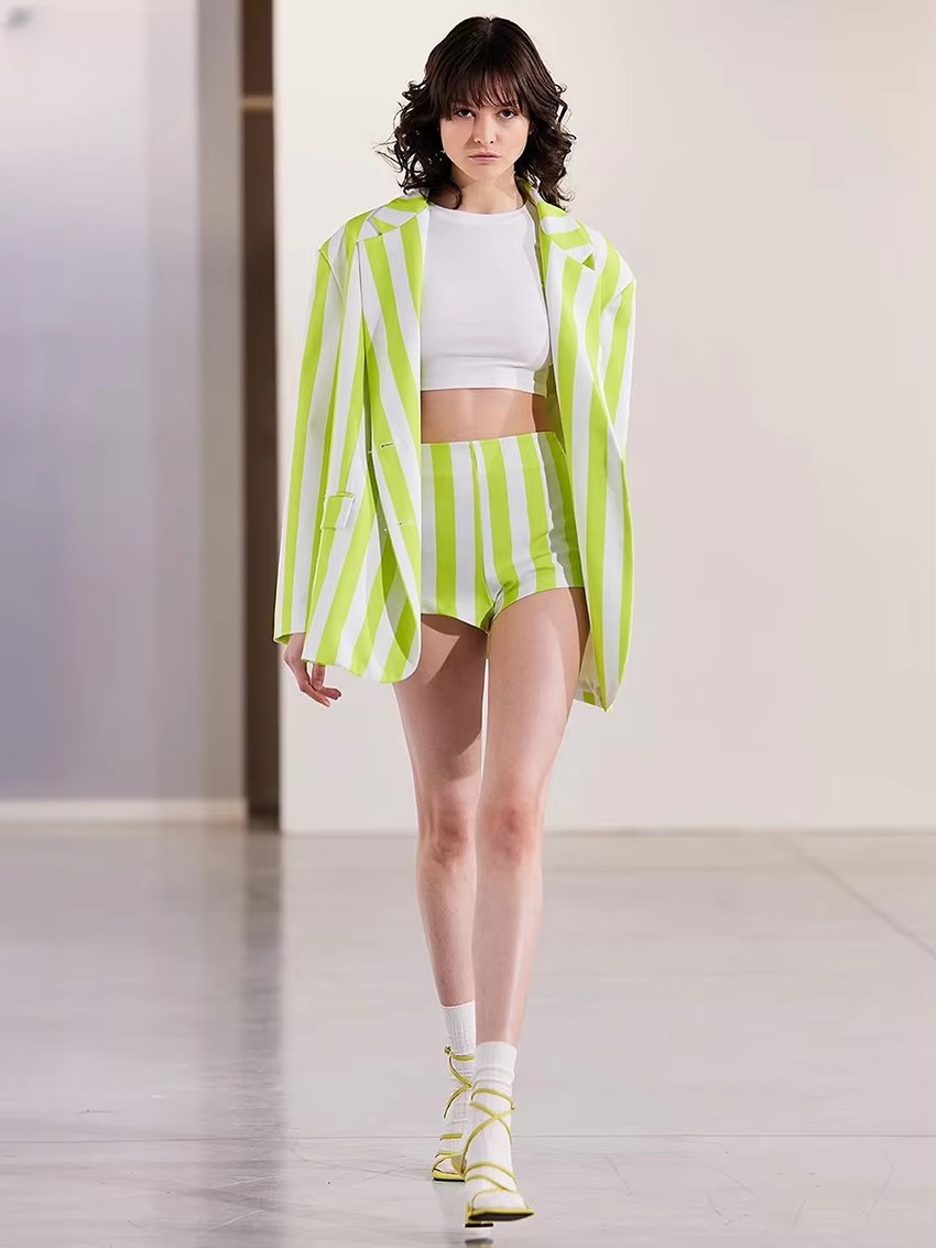 Casual Loose Stripe Print Shorts Long Sleeve Blazer 2 Pieces Set - Image 3