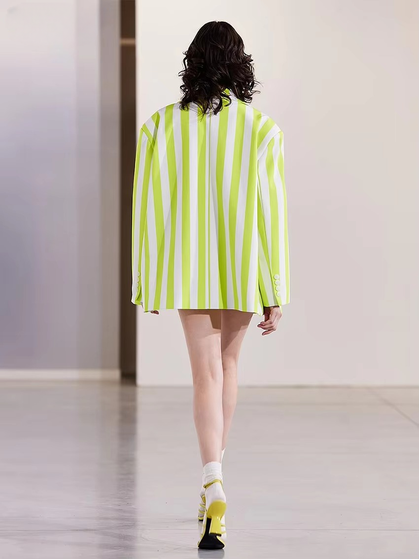 Casual Loose Stripe Print Shorts Long Sleeve Blazer 2 Pieces Set - Image 4