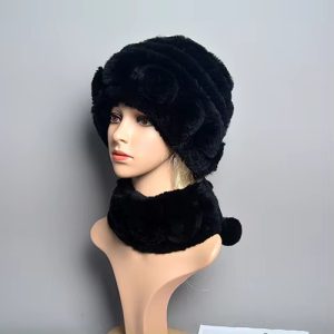 Casual Natural Warm Rex Rabbit Fur Hat Scarf 2 Pieces