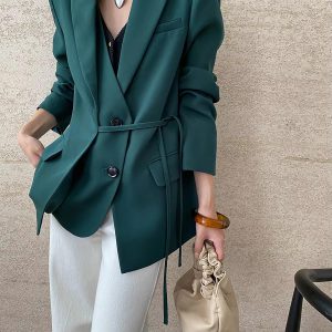 Casual Notched Collar Lace-up Gathered Design Patchwork Blazer
