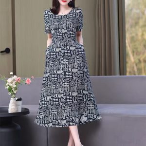 Casual O-Neck Print Short Sleeve Knee-Length Midi Dress