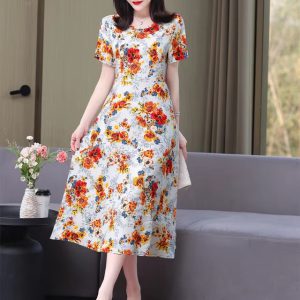 Casual O-Neck Print Short Sleeve Knee-Length Loose Midi Dress