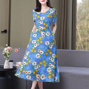 Casual O-Neck Print Short Sleeve Knee-Length Slim Midi Dress