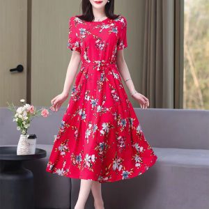 Vintage O-Neck Print Knee-Length Non Stretch Midi Dress