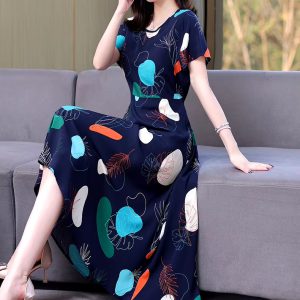 Casual O-Neck Print Knee-Length Loose Midi Dress