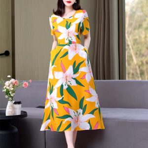 Vintage O-Neck Print Short Sleeve Knee-Length Non Stretch Midi Dress