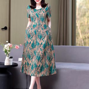 Vintage O-Neck Print Short Sleeve Slim Non Stretch Midi Dress