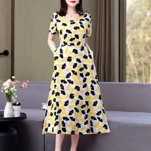 Vintage O-Neck Print Short Sleeve Slim Midi Dress