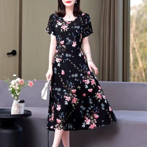 Casual O-Neck Print Short Sleeve Knee-Length Non Stretch Midi Dress