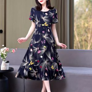 Vintage O-Neck Print Short Sleeve Knee-Length Non Stretch Midi Dress